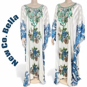 New Co. Bella Women's Floral Embroidered Kaftan in Free One Size in Blue/White